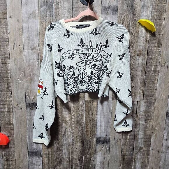 Kitty Hawk Vintage 80s Custom Cropped Printed Knit Sweater - Picture 1 of 4